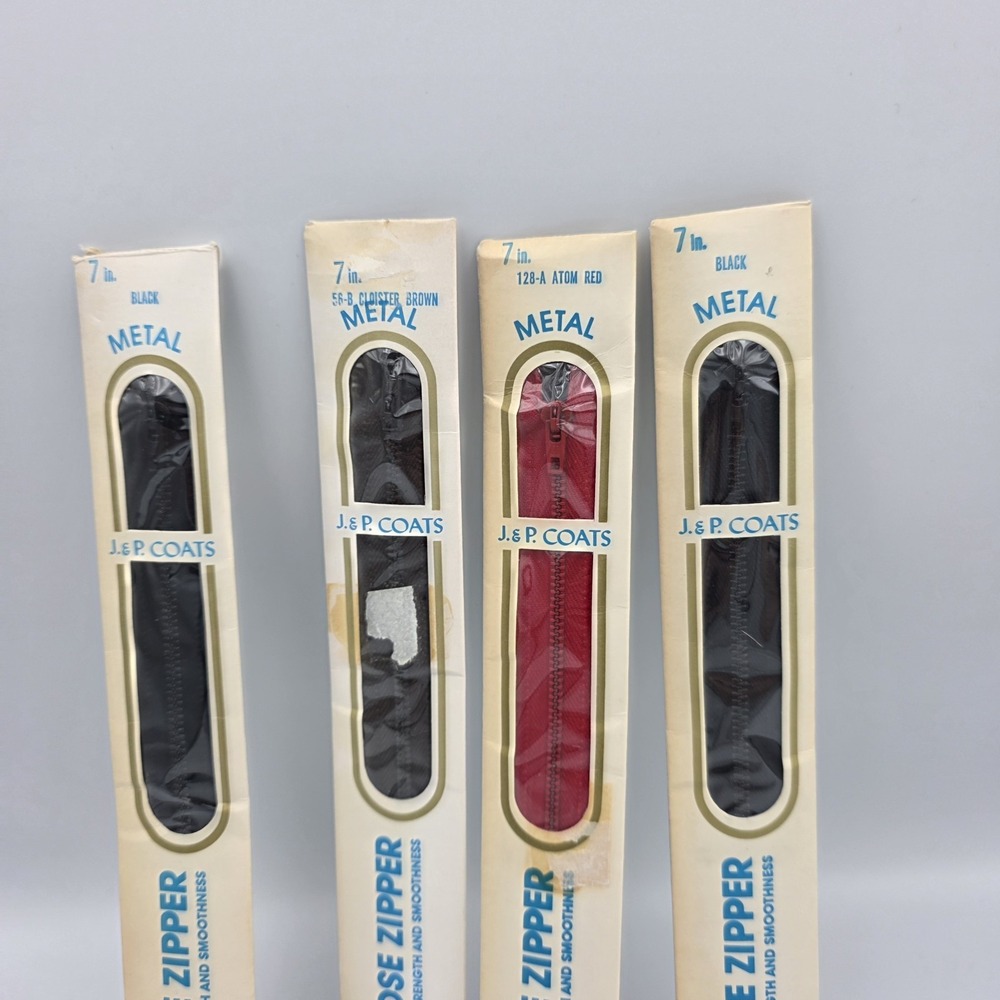 4~ Vtg J & P Coats 7" Zippers Metal All Purpose 2 Black 1 Red 1 Brown - Picture 2 of 3